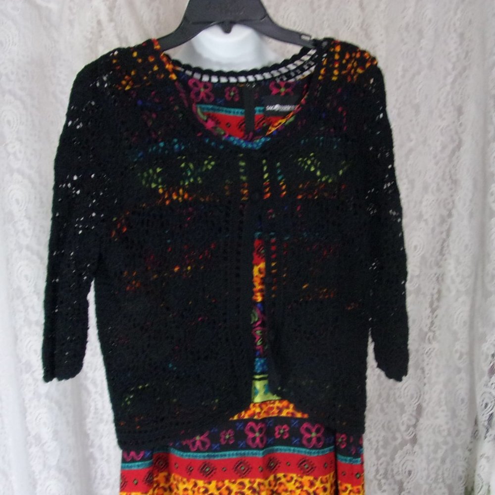 Sag Harbor 2 Pc Dress Set Multi Color Maxi Dress Black Crochet Jacket Size 12